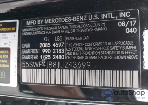 2018 Mercedes-Benz C 300 from USA, damaged, VIN 55SWF4JB8JU243699